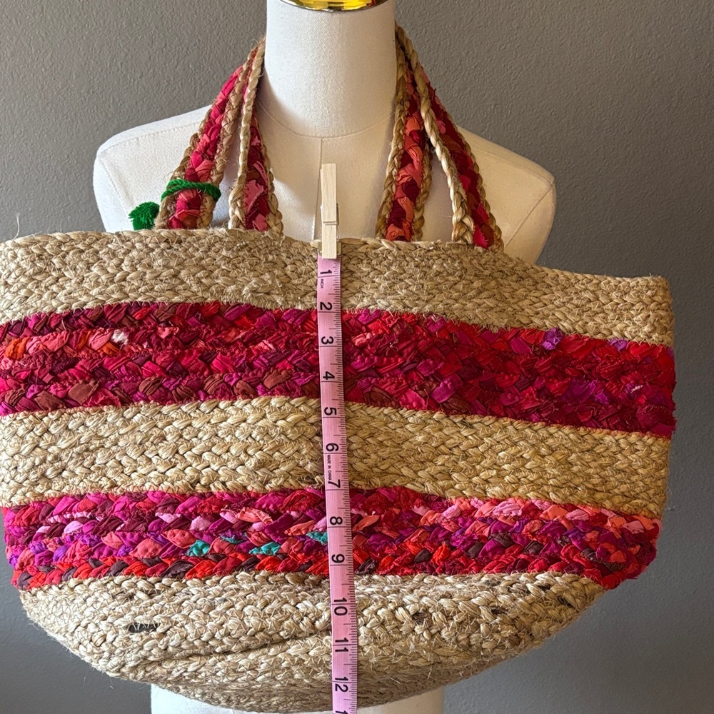 America & Beyond Boho Jute Straw Tote Pink Stripe Pom Pom Beach Market Bag - Picture 5 of 8